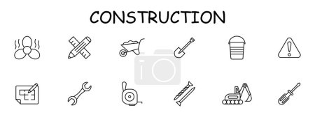 Illustration for Construction set icon. Equipment, numbering, fan, heavy equipment, shovel, nails, pencil, ruler, warning sign, screwdriver, wrench. Construction equipment concept. Vector line icon. - Royalty Free Image