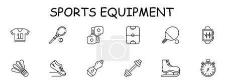 Illustration for Sports set icon. Gloves, boxing, water, stopwatch, ping pong, pulse, barbell, tennis racket, sneakers, skates, air hockey, T shirt, shuttlecock. Healthy lifestyle concept. Vector line icon. - Royalty Free Image