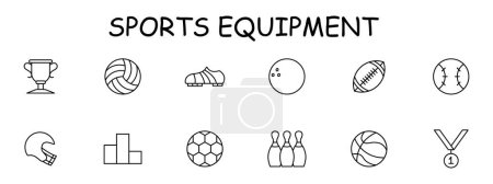 Illustration for Sports set icon. Shoes, soccer ball, skittles, podium, medal, first place, rugby, volleyball, bowling ball, outdoor activity, useful hobby, . Healthy lifestyle concept. Vector line icon. - Royalty Free Image