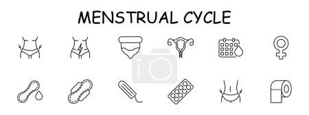 Illustration for Menstruation set icon. Condom, tampon, pad, pack of female gender pills, calendar, blood, lightning, female reproductive organ, toilet paper. Self care concept. Vector line icon. - Royalty Free Image