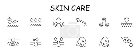Illustration for Skin care icon set. HO2, hydroperoxyl, leaf, drops, liquid, mask, natural products, skin protection, cream, oil, silhouette, . Health care concept. Vector line icon. - Royalty Free Image