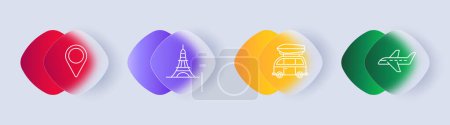 Illustration for Travel set icon. Geolocation, location, marker, Eiffel Tower, flight, plane, attraction, loaf, car, motorhome, gradient, hobby, rest. Tourism and wandering concept. Glassmorphism style. - Royalty Free Image