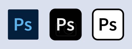 Adobe Photoshop Zeichen. Das Logo der Adobe-Anwendung. Schwarz, weiß und Originalfarbe. Leitartikel. Auflösungserscheinungen.