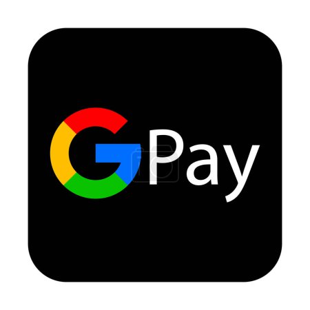 Ilustración de Logo blanco de Google Pay sobre fondo azul claro. Logo, sistema de pago móvil, billetera electrónica, sin contacto, NFC, para el sistema operativo Android, GPay. Editorial. - Imagen libre de derechos