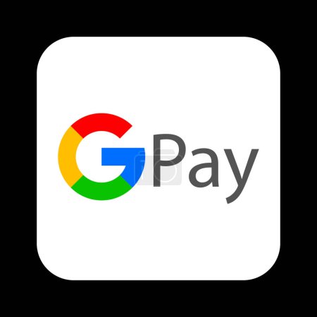 Ilustración de Logo blanco de Google Pay sobre fondo azul claro. Logo, sistema de pago móvil, billetera electrónica, sin contacto, NFC, para el sistema operativo Android, GPay. Editorial. - Imagen libre de derechos