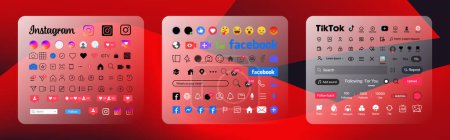 Instagram, Tik Tok, Facebook button icon. Set screen social media and social network interface template. Stories user button, symbol, sign logo. Stories, liked, stream. Editorial. vector illustration