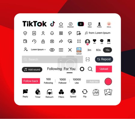 Tik Tok button icon. Set screen social media and social network interface template. Stories user button, symbol, sign logo. Stories, liked, stream. Editorial. vector illustration