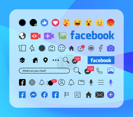 Facebook button icon. Set screen social media and social network interface template. Stories user button, symbol, sign logo. Stories, liked, stream. Editorial. vector illustration