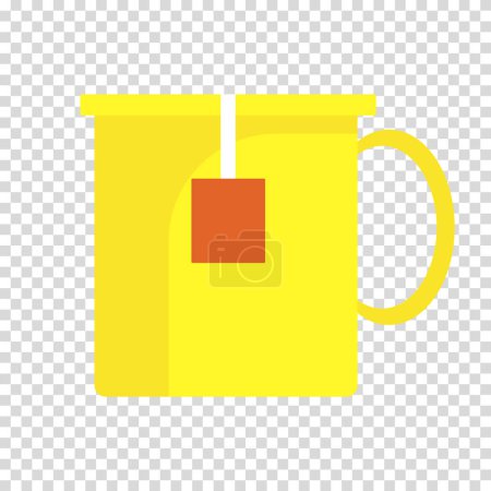 Illustration for Yellow mug for tea, tea bag, brewing a drink, cup, flat design, warm colors, simple image, cartoon style. Selling delicious tea concept. Vector line icon for business and advertising - Royalty Free Image