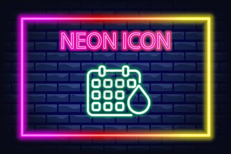 Illustration for Periods neon line icon. Red calendar day, ovulation, blood, women's health, critical days, pad, tampon. Menstruation concept. Neon Line icon on break background. - Royalty Free Image