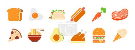 Téléchargez les illustrations : Ensemble de nourriture icône. Pain, œuf frit, taco, hot dog, carotte, steak, pizza, ramen, avocat, poulet rôti, hamburger, cône de crème glacée. Alimentation, cuisine. - en licence libre de droit