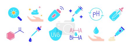 Skincare set icon. Magnifying glass, lotion, sunscreen, syringe, pH balance, pipette, chemical structure, UV protection, AHA, BHA, moisturizer. Skincare products and treatments concept.