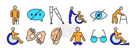 Behinderungen setzen Symbole. Krücken, Sprechblase, Rollstuhl, Helfer, Sehbehinderung, Rollator, Hörgerät, Gebärdensprache, Prothese, Brille, Rampe. Erreichbarkeits- und Unterstützungskonzept.