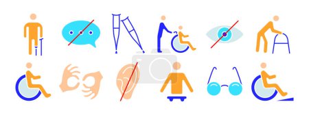 Icono de conjunto de discapacidad. Muletas, burbuja del habla, silla de ruedas, ayudante, discapacidad visual, andador, audífono, lenguaje de señas, extremidad protésica, gafas, rampa. Concepto de accesibilidad y apoyo.