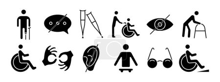 Icono de conjunto de discapacidad. Muletas, burbuja del habla, silla de ruedas, ayudante, discapacidad visual, andador, audífono, lenguaje de señas, extremidad protésica, gafas, rampa. Concepto de accesibilidad y apoyo.