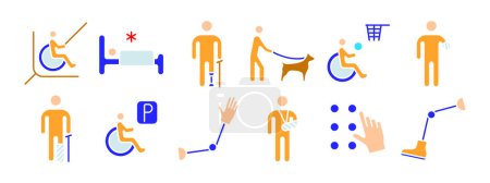 Behinderungen setzen Symbole. Rollstuhlrampe, Bett, Krücken, Blindenhund, Rollstuhlbasketball, Beinprothese, Gips, Parkplatz, Armprothese, Blindenschrift, Stütze. Erreichbarkeits- und Unterstützungskonzept.