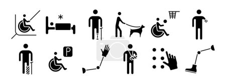 Behinderungen setzen Symbole. Rollstuhlrampe, Bett, Krücken, Blindenhund, Rollstuhlbasketball, Beinprothese, Gips, Parkplatz, Armprothese, Blindenschrift, Stütze. Erreichbarkeits- und Unterstützungskonzept.