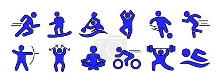 Icono del set deportivo. Correr, surfear, kayak, saltar, fútbol, tiro con arco, levantamiento de pesas, yoga, ciclismo, natación. Actividad física y concepto de fitness.