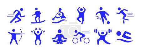 Sport setzte Ikone. Laufen, Surfen, Kajak fahren, Springen, Fußball, Bogenschießen, Gewichtheben, Yoga, Radfahren, Schwimmen. Körperliche Aktivität und Fitnesskonzept.