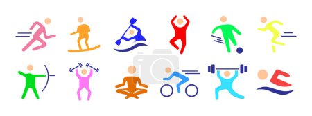 Icono del set deportivo. Correr, surfear, kayak, saltar, fútbol, tiro con arco, levantamiento de pesas, yoga, ciclismo, natación. Actividad física y concepto de fitness.