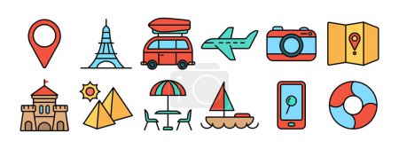 Travel set icon. Location pin, Eiffel Tower, camper van, airplane, camera, map, castle, pyramids, beach umbrella, sailboat, smartphone, lifebuoy. Tourism and vacation concept.