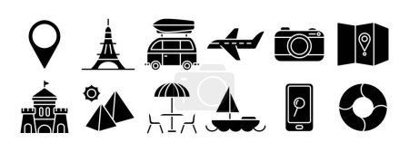 Travel set icon. Location pin, Eiffel Tower, camper van, airplane, camera, map, castle, pyramids, beach umbrella, sailboat, smartphone, lifebuoy. Tourism and vacation concept.