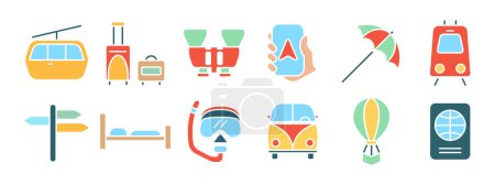 Travel set icon. Cable car, luggage, binoculars, smartphone, beach umbrella, tram, signpost, bed, snorkel, car, hot air balloon, passport. Tourism and vacation concept.