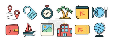 Travel set icon. Location pin, do not disturb sign, stopwatch, palm trees, calendar, plate, wallet, sailboat, photo, hotel, airplane ticket, globe. Tourism and vacation concept.