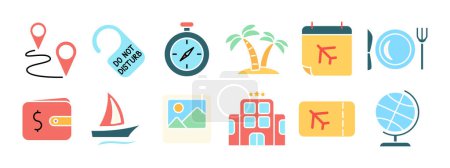 Travel set icon. Location pin, do not disturb sign, stopwatch, palm trees, calendar, plate, wallet, sailboat, photo, hotel, airplane ticket, globe. Tourism and vacation concept.