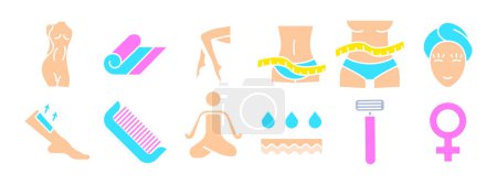 Beauty and wellness set icon. Female body, yoga mat, legs, waist with measuring tape, face with towel, waxing, comb, yoga, water drops, razor, female symbol. Health and self-care concept.
