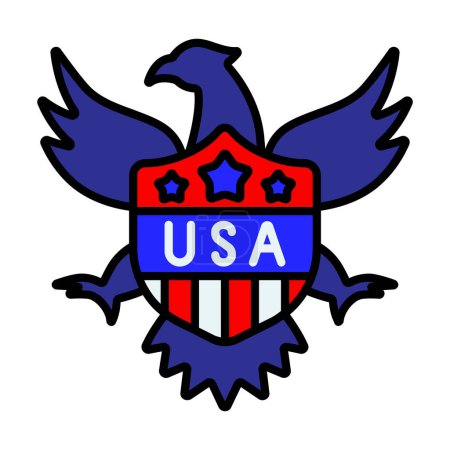USA emblem icon. American eagle with wings spread, shield with stars and stripes, text USA. National symbol and patriotism concept.