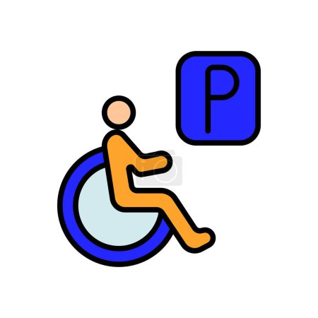 Discapacidad conjunto de estacionamiento icono. Persona en silla de ruedas, accesibilidad, estacionamiento reservado, ayuda a la movilidad, diseño inclusivo, lugar para minusválidos, apoyo, necesidades especiales.