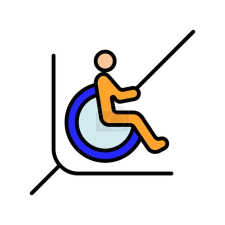 Icono de línea de discapacidad. Persona en silla de ruedas, accesibilidad, estacionamiento reservado, ayuda a la movilidad, diseño inclusivo, lugar para minusválidos, apoyo, necesidades especiales.