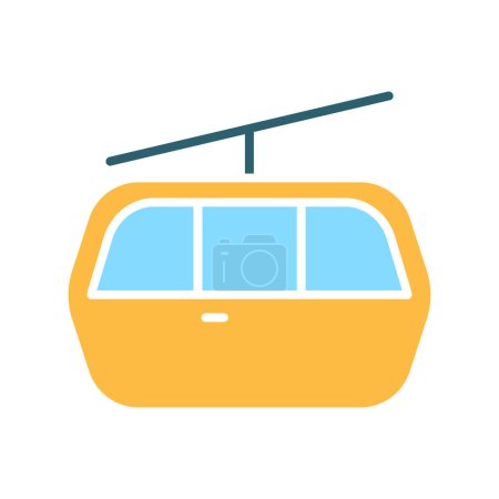 Conjunto de teleférico icono. Coche amarillo, ventanas azules, tranvía aéreo, transporte, viaje, montaña, turismo, aventura.