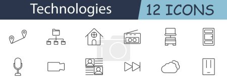 Technologies set icon. GPS, file system, smart home, radio, server, micro, camera, profiles, fast forward, cloud storage, router, document. Tech concept. Vector line icon on white background.