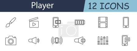 Player set icon. Paintbrush, video, mobile, battery, filmstrip, camera, speaker, megaphone, sliders, message. Multimedia player, creative tools, audio-visual content concept.