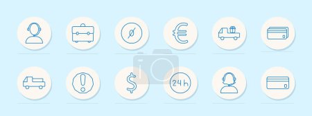 Customer service set icon. Headset, briefcase, compass, euro, delivery truck, credit card, alert, dollar, 24 hours, support agent. Customer support, finance, logistics concept. Vector line icons