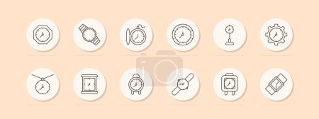 Time set icon. Clock, wristwatch, pocket watch, stopwatch, gear, clock tower. Timekeeping, punctuality, schedule concept. Vector line icons on beige background.