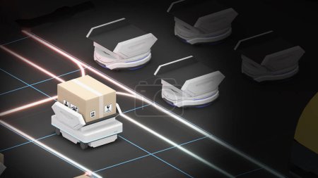 Téléchargez les photos : Transport robotisé et manutention des marchandises, en utilisant l'automatisation dans la gestion des produits, Entreposage et connexions technologiques, rendu 3D - en image libre de droit