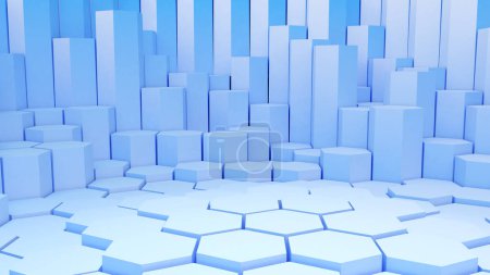 Téléchargez les photos : Maquette, fond abstrait bleu hexagone formes, fond géométrique, rendu 3d - en image libre de droit
