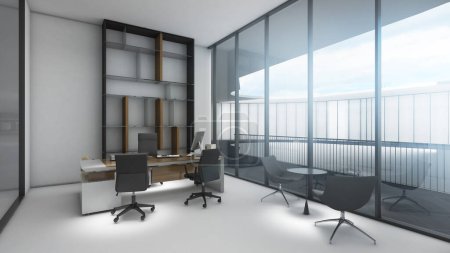 Foto de Empresa oficina ejecutiva Suelo de madera, paredes blancas y escritorio ejecutivo., 3d rendering - Imagen libre de derechos