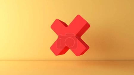 red wrong mark on a yellow background ,fault notification warning,3d rendering