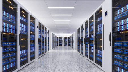 Foto de Tiro del centro de datos con múltiples filas de bastidores de servidores totalmente operativos. Telecomunicaciones modernas, enfriamiento del centro de datos, sala de servidores, renderización 3d - Imagen libre de derechos