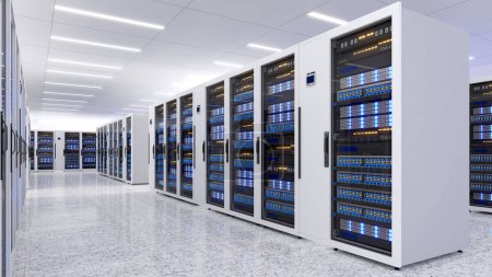 Foto de Tiro del centro de datos con múltiples filas de bastidores de servidores totalmente operativos. Telecomunicaciones modernas, enfriamiento del centro de datos, sala de servidores, renderización 3d - Imagen libre de derechos