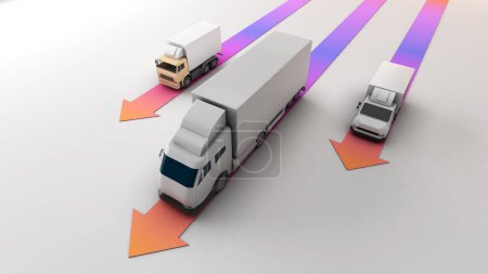 Gütertransport im Transportgeschäft Mittlere und große LKWs, 3D-Rendering
