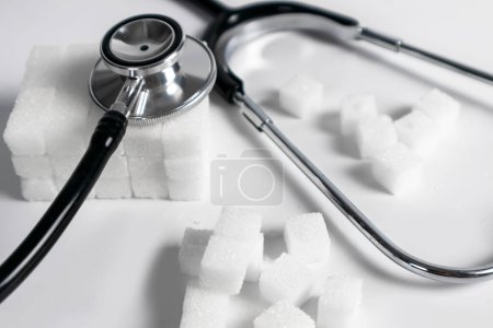 Background image of sugar cubes and medical stethoscope health care