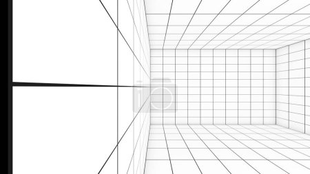 Téléchargez les photos : Une grille de lignes dans une pièce blanche vide sert de repère visuel. , un espace avec une grille de mesure de distance, une vue de grille, un rendu 3d - en image libre de droit