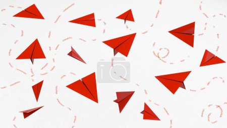 Foto de Confusión en elecciones y decisiones Falta de liderazgo en la gestión, avión de papel rojo volando al azar, representación 3D. - Imagen libre de derechos