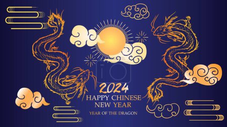 Foto de Año del Dragón 2024, Año Nuevo Chino concepto del zodíaco chino, un dragón flota en el cielo y las nubes, patrón de corte de papel estilo - Imagen libre de derechos