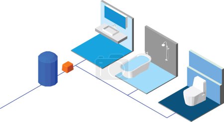 Ilustración de Funcionamiento de un sistema de suministro de agua domiciliariaEntrega de agua por bombeo de agua sistémico, renderizado 3d - Imagen libre de derechos